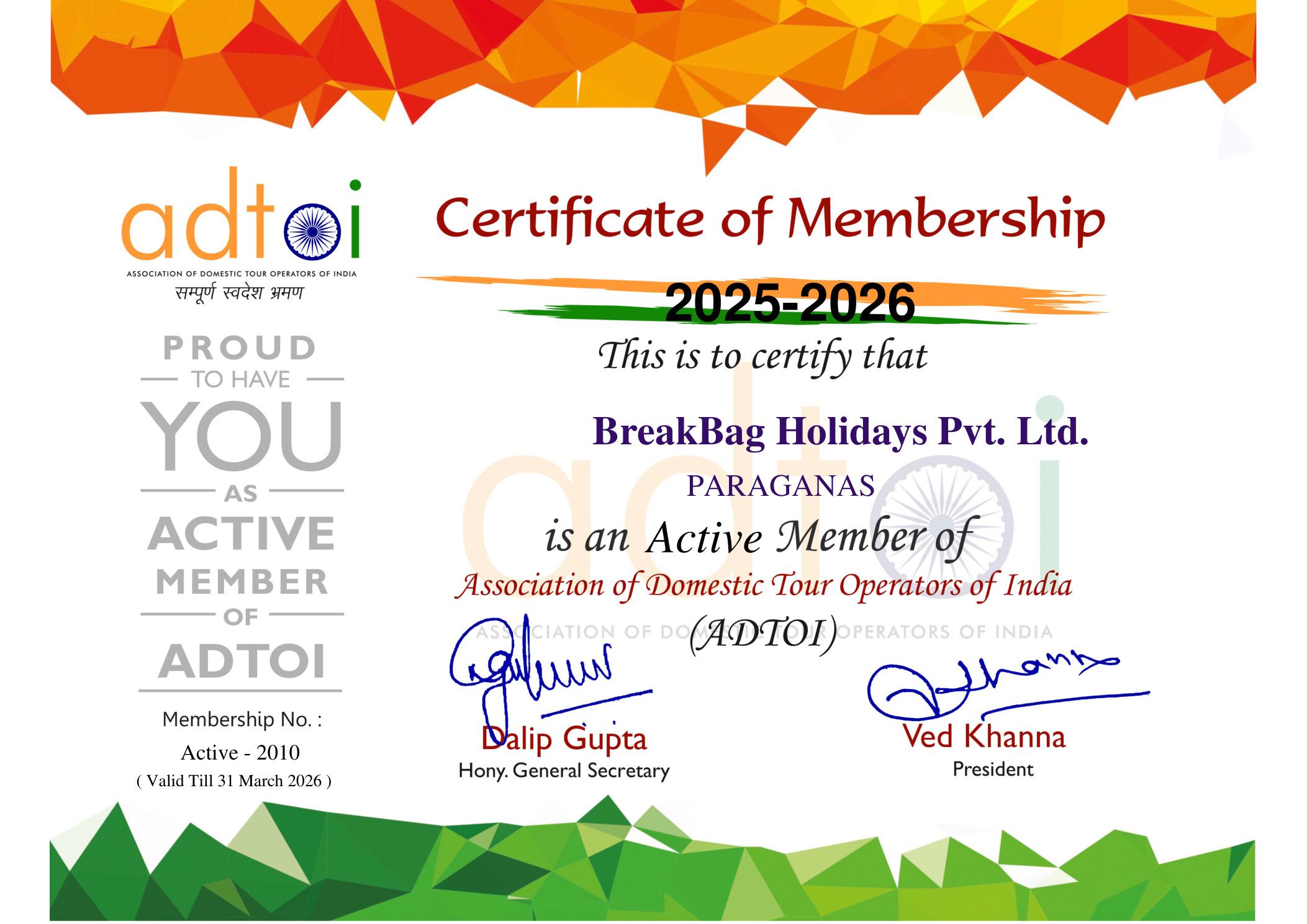ADTOI Active Member Certificate 2025–2026