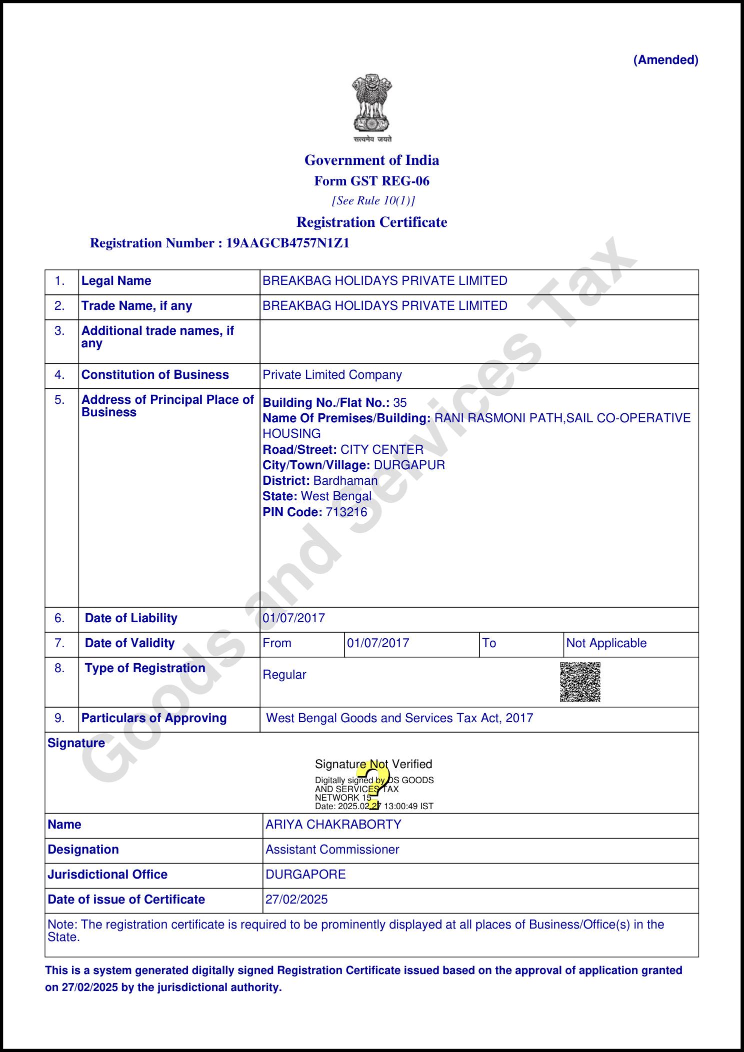 GST Registration Certificate – 19AAGCB4757N1Z1