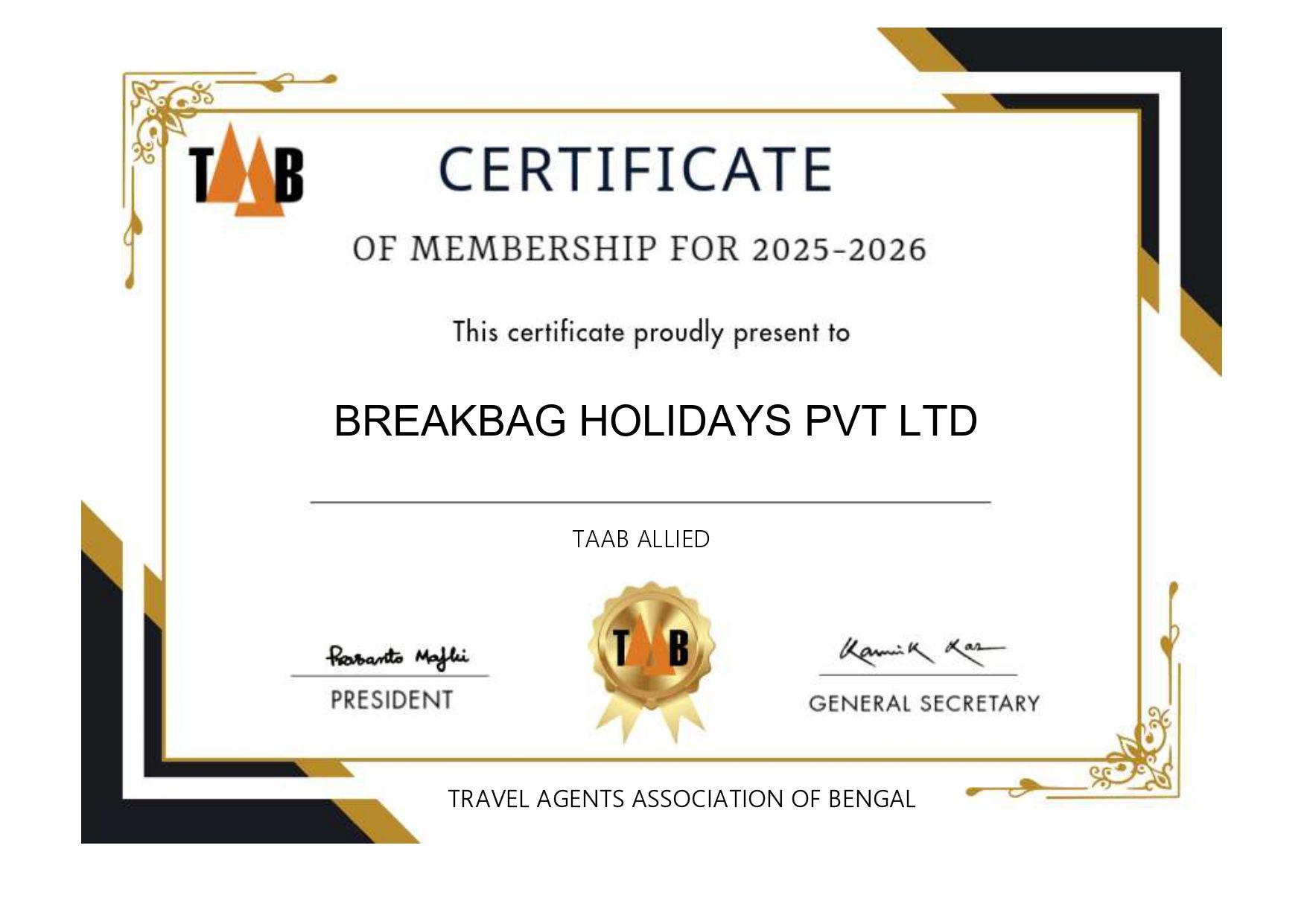 TAAB Certificate – Travel Agents Association of Bengal 2025–2026